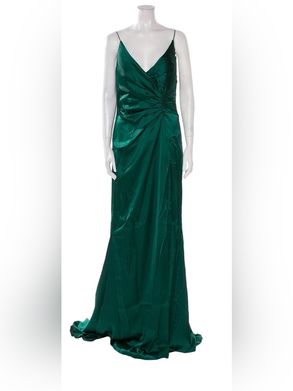 Portia and Scarlett Emerald Satin Ruched V-Neck Gown
